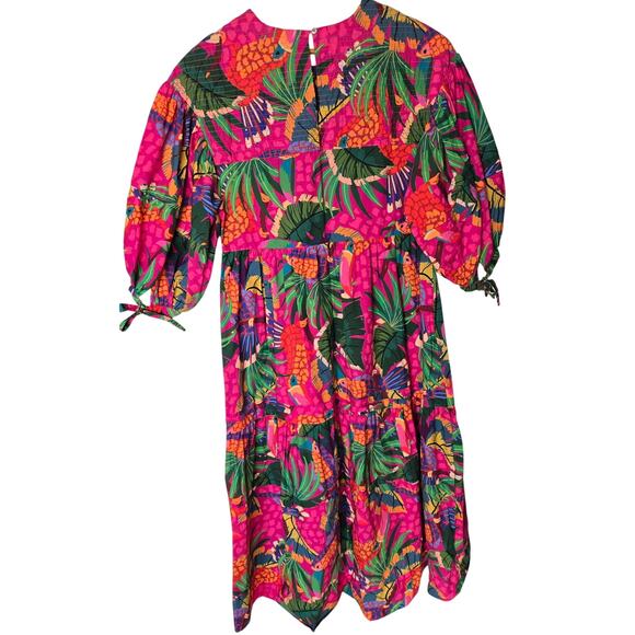 FARM Rio Painted Toucans Tiered Midi Colorful Dress Size Medium Vacation - Picture 3 of 10